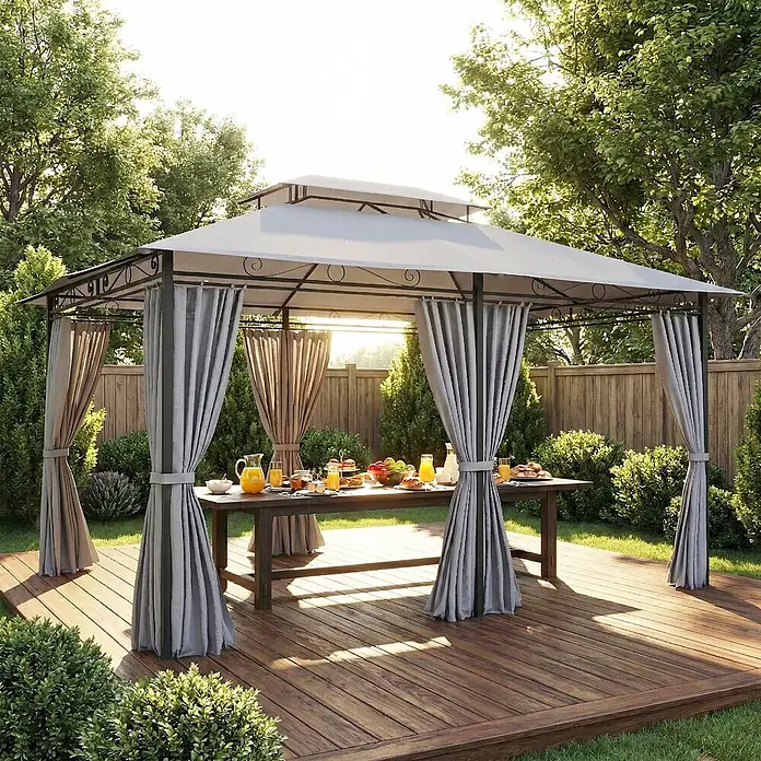 Outsunny Standard-Pavillon - Farbe Gestell: Dunkelgrau, Stahl - Hellgrauer Gartenpavillon mit Doppeldach und Vorhängen auf Holzterrasse, für Mahlzeit im Freien.