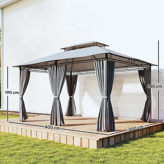 Outsunny Standard-Pavillon - Farbe Gestell: Dunkelgrau, Stahl - Graues Outdoor-Pavillon (400x300 cm, 280 cm hoch) mit zweistufigem Dach und Vorhängen auf einer Holzterrasse.