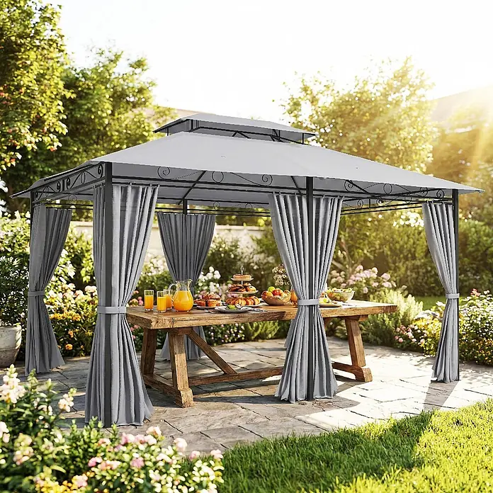 Outsunny Standard-Pavillon - Farbe Gestell: Dunkelgrau, Stahl - Grauer Gartenpavillon mit Metallrahmen und festgebundenen Vorhängen, in einem Garten über einem Holztisch aufgebaut.