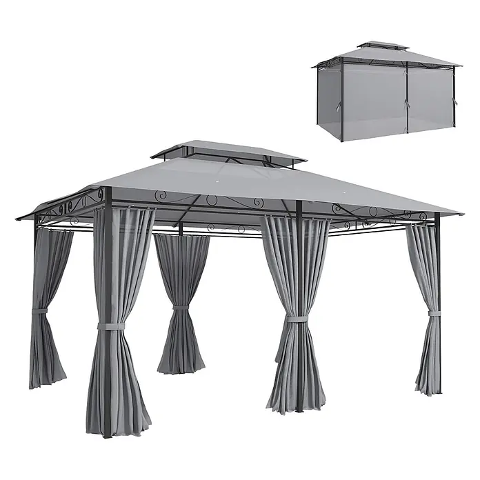 Outsunny Standard-Pavillon - Farbe Gestell: Dunkelgrau, Stahl - Grauer Pavillon mit gestuftem Dach und dekorativem Metallrahmen. Mit zurückgebundenen Sichtschutzvorhängen.