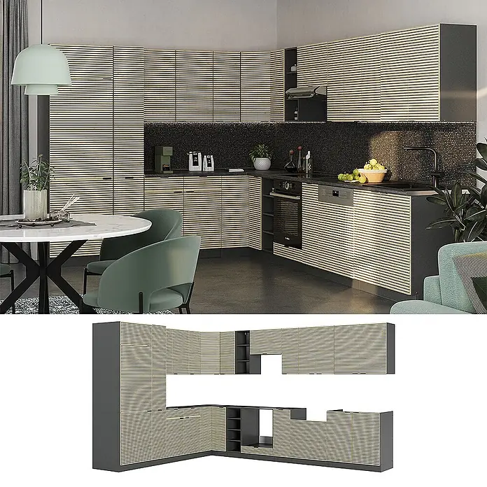 Vicco Eckküche Fame-Line Eiche Paneel/Anthrazit, AP Anthrazit - B x T: 347 x 60 cm, Eiche Paneel, Ohne Elektrogeräte - L-förmige Küchenschränke mit hellen Holzlamellenfronten und dunkelgrauen Paneelen, integriert in eine moderne Küchenumgebung.