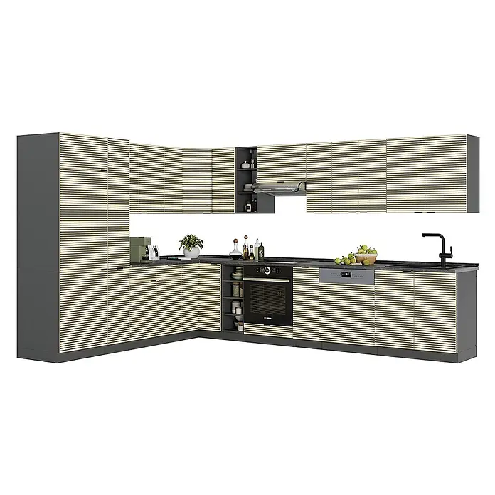 Vicco Eckküche Fame-Line Eiche Paneel/Anthrazit, AP Anthrazit - B x T: 347 x 60 cm, Eiche Paneel, Ohne Elektrogeräte - Moderne L-förmige Küche mit hellen Holzlamellenfronten, dunkelgrauen Schränken und integrierten Geräten.