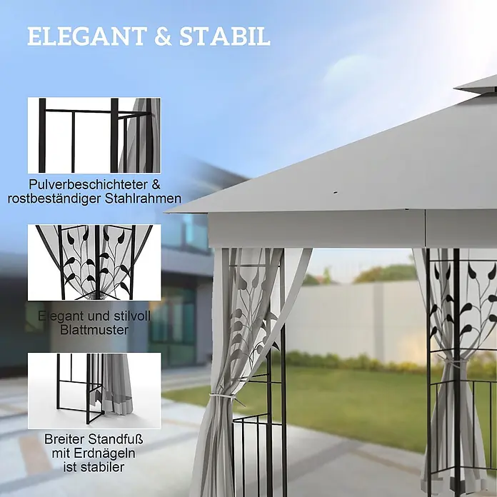 Outsunny Standard-Pavillon - Farbe Gestell: Schwarz, Stahl - Grauer Pavillon mit schwarzem pulverbeschichtetem Stahlrahmen, eleganten Blattmuster-Vorhängen und stabilem Standfuß.
