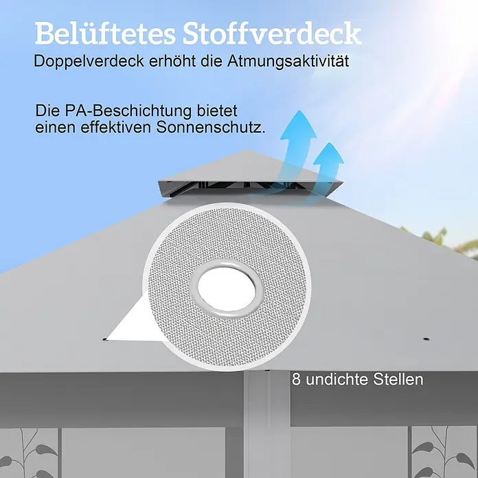 Outsunny Standard-Pavillon - Farbe Gestell: Schwarz, Stahl - Graues, belüftetes Stoffverdeck, das Atmungsaktivität und effektiven Sonnenschutz durch PA-Beschichtung bietet.