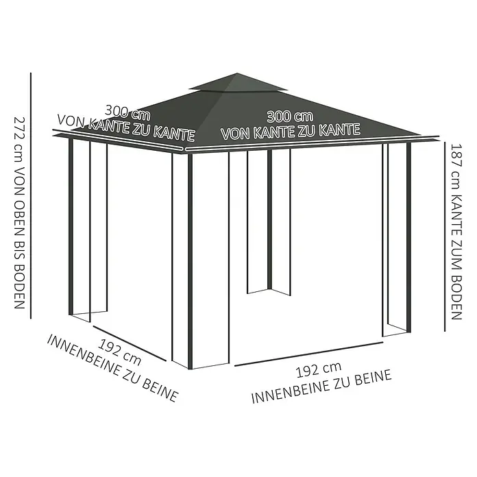 Outsunny Standard-Pavillon - Farbe Gestell: Schwarz, Stahl - Dunkelgraues Pavillon mit Maßen: 300 cm Kante zu Kante, 272 cm Gesamthöhe, 187 cm Kantenhöhe, 192 cm Innenbeinabstand.