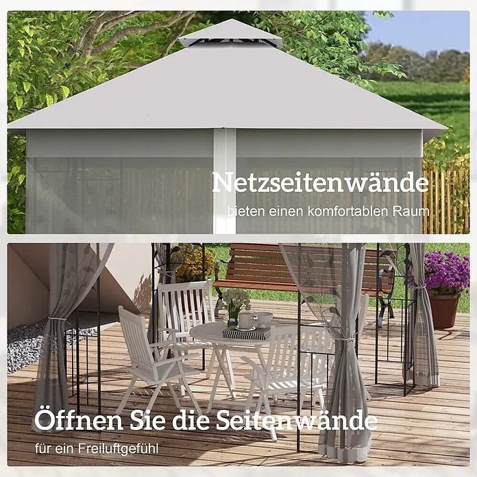 Outsunny Standard-Pavillon - Farbe Gestell: Schwarz, Stahl - Grauer Pavillon mit Netzseitenwänden, geschlossen für Komfort und offen für ein Freiluftgefühl auf Holzterrasse.