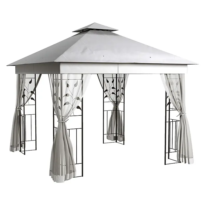 Outsunny Standard-Pavillon - Farbe Gestell: Schwarz, Stahl - Weißer Pavillon mit gestuftem Stoffdach, schwarzem Metallrahmen mit Verzierungen und zurückgebundenen grauen Vorhängen.