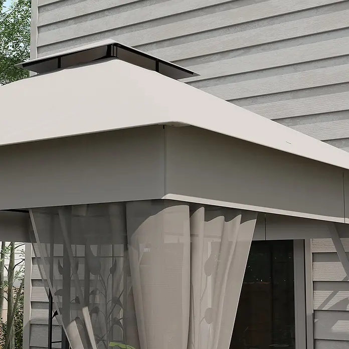 Outsunny Standard-Pavillon - Farbe Gestell: Schwarz, Stahl - Hellgrauer Pavillon mit Netzvorhängen neben einem Haus mit grauer Verkleidung.