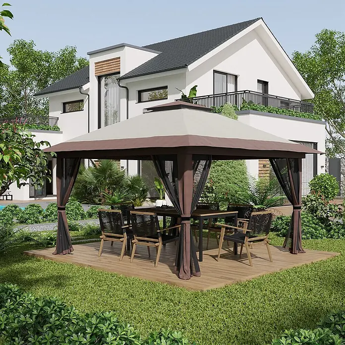 Outsunny Standard-Pavillon - Farbe Gestell: Schwarz, Metall - Braun-beiger Outdoor-Pavillon mit schwarzen Netzvorhängen und Essgruppe auf Holzterrasse im Garten.