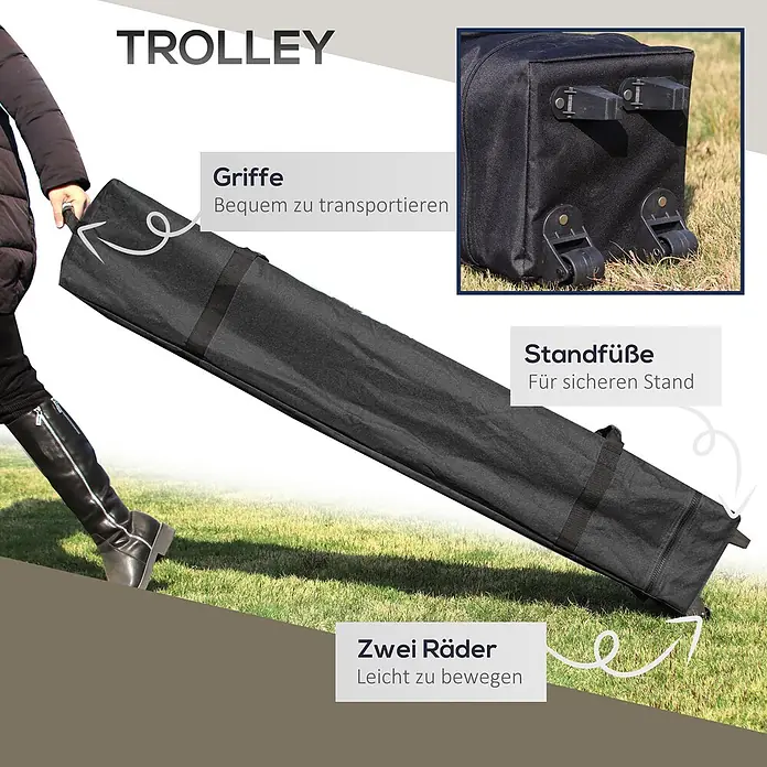 Outsunny Standard-Pavillon - Farbe Gestell: Schwarz, Metall - Eine Person zieht eine schwarze Trolleytasche mit zwei Rädern und Standfüßen. Die Tasche verfügt über Griffe für einfachen Transport.