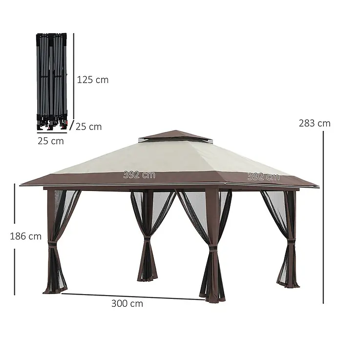 Outsunny Standard-Pavillon - Farbe Gestell: Schwarz, Metall - Pop-up-Pavillon mit beigem Dach, braunem Rand und Moskitonetzen, 300x300x283 cm offen und 25x25x125 cm zusammengeklappt.