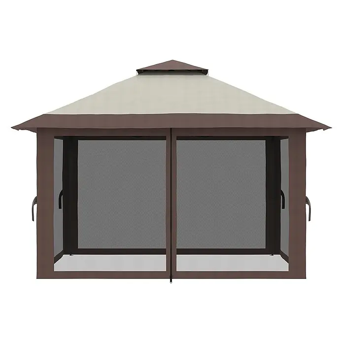 Outsunny Standard-Pavillon - Farbe Gestell: Schwarz, Metall - Braunes und beigefarbenes Outdoor-Pavillon mit Netzgewebe-Wänden und Reißverschluss-Eingang.