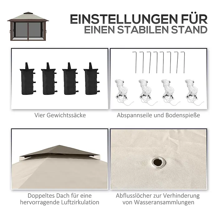 Outsunny Standard-Pavillon - Farbe Gestell: Schwarz, Metall - Funktionen des Pavillons: Gewichtssäcke, Abspannseile und Bodenspieße für Stabilität, Doppeldach für Belüftung und Abflusslöcher für Wasser.