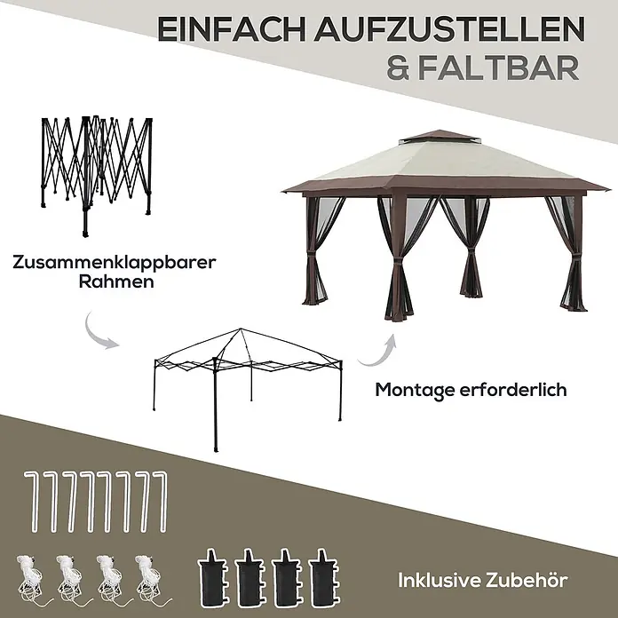 Outsunny Standard-Pavillon - Farbe Gestell: Schwarz, Metall - Braunes und beiges faltbares Pavillon mit Netzvorhängen, Klappgestell und Montagezubehör (Heringe, Seile, Gewichtsäcke).