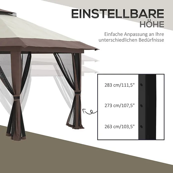 Outsunny Standard-Pavillon - Farbe Gestell: Schwarz, Metall - Pavillon mit beiger und brauner Plane, schwarzen Moskitonetzen und einstellbarer Höhe (283/273/263 cm).