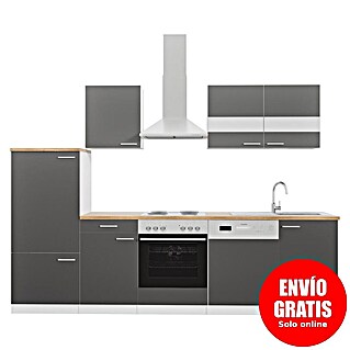 Respekta Composición de cocina Malia (Ancho: 280 cm, Gris, Con electrodomésticos, Decoración encimera: Efecto madera, Volumen horno: 58 l)