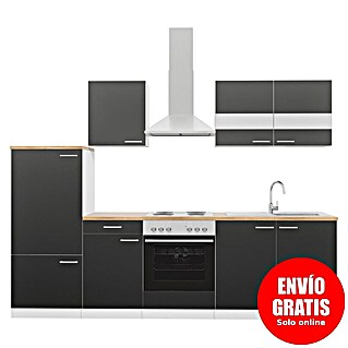 Respekta Composición de cocina Malia (Ancho: 270 cm, Negro, Con electrodomésticos, Decoración encimera: Efecto madera, Volumen horno: 58 l)