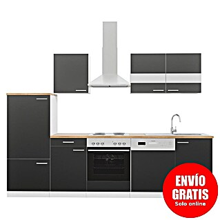 Respekta Composición de cocina Malia (Ancho: 280 cm, Negro, Con electrodomésticos, Decoración encimera: Efecto madera, Volumen horno: 58 l)