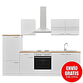 Respekta Composición de cocina Malia (Ancho: 270 cm, Blanco, Con electrodomésticos, Decoración encimera: Efecto madera, Volumen horno: 58 l)