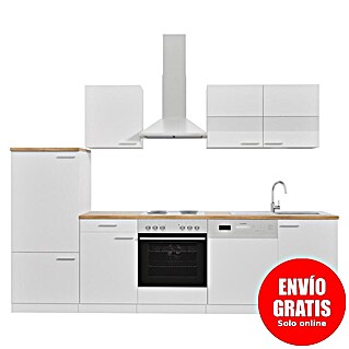 Respekta Composición de cocina Malia (Ancho: 280 cm, Blanco, Con electrodomésticos, Decoración encimera: Efecto madera, Volumen horno: 58 l)