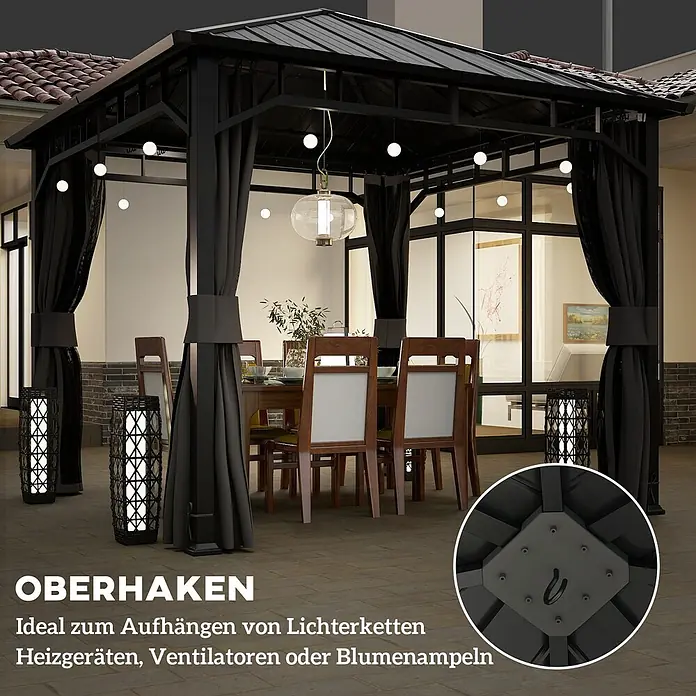 Outsunny Standard-Pavillon - Farbe Gestell: Dunkelgrau, Metall - Dunkelgraues Pavillon mit schwarzen Vorhängen als Essbereich im Freien, mit Deckenhaken für Lichterketten oder Heizgeräte.