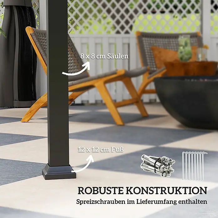 Outsunny Standard-Pavillon - Farbe Gestell: Dunkelgrau, Metall - Dunkelgraue Säule mit 8x8 cm Schaft, 12x12 cm Fuß. Spreizschrauben & Erdnägel für robuste Konstruktion enthalten.