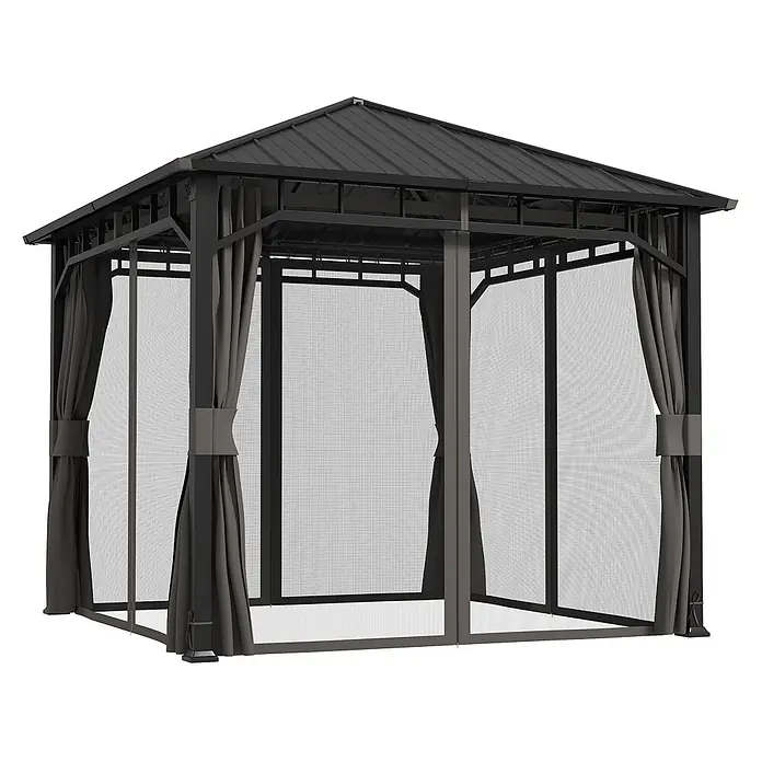 Outsunny Standard-Pavillon - Farbe Gestell: Dunkelgrau, Metall - Dunkelgrauer Metallpavillon mit Dach, Gitterwänden und zurückgebundenen Stoffvorhängen.