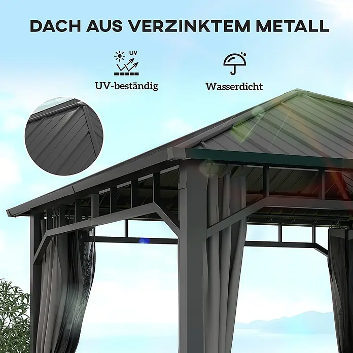 Outsunny Standard-Pavillon - Farbe Gestell: Dunkelgrau, Metall - Dunkelgrauer Pavillon mit UV-beständigem, wasserdichtem Dach aus verzinktem Metall. Mit Seitenwänden.