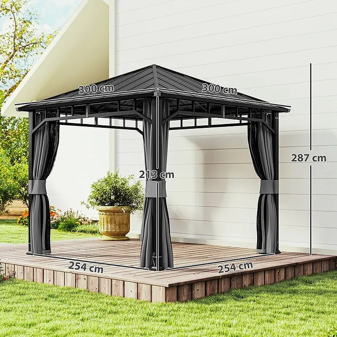 Outsunny Standard-Pavillon - Farbe Gestell: Dunkelgrau, Metall - Dunkelgrauer Metallpavillon mit Sichtschutzvorhängen, Basis 254x254 cm, Höhe 287 cm.