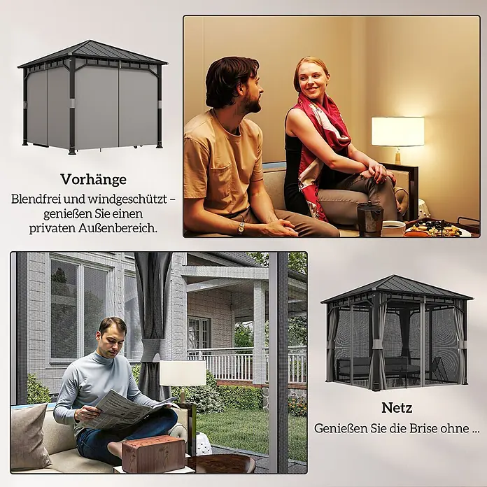 Outsunny Standard-Pavillon - Farbe Gestell: Dunkelgrau, Metall - Ein grauer Outdoor-Gartenpavillon mit schwarzem Dach, ausgestattet mit blickdichten Vorhängen und Insektenschutznetzen für Komfort und Schutz.