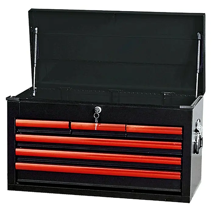 Wisent Werkstattwagen-Aufsatzbox Red Edition - 30,7 x 66 x 37,8 cm, Metall - Ein Werkzeugkasten mit roter Schublade und geöffnetem Deckel, ideal für die Aufbewahrung von Werkzeugen.