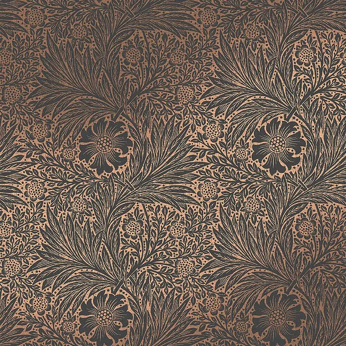 William Morris At Home Vliestapete Vliestapete Ringelblume, faserig - Kupfer/Schwarz, Floral, 10 x 0,52 m - Detailreiches dunkelgraues Blumenmuster auf kupferfarbenem Hintergrund mit Used-Look.