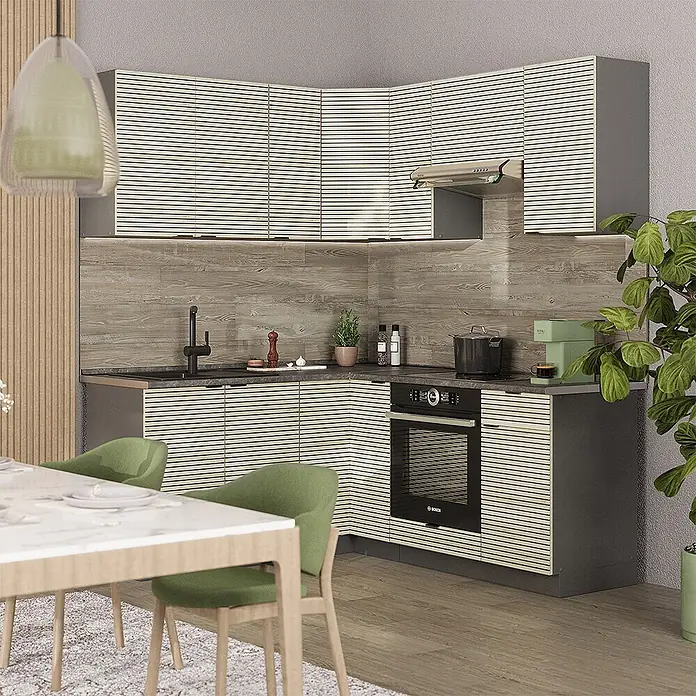 Vicco Eckküche Fame-Line Eiche Paneel/Anthrazit ohne Arbeitsplatte - B x T: 190 x 46 cm, Eiche Paneel, Ohne Elektrogeräte - Moderne Eckküche mit hellen Holzlamellenfronten, dunkler Arbeitsplatte und integriertem Ofen.