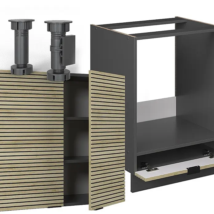 Vicco Eckküche Fame-Line Eiche Paneel/Anthrazit ohne Arbeitsplatte - B x T: 190 x 46 cm, Eiche Paneel, Ohne Elektrogeräte - Zerlegter dunkelgrauer Schrankkorpus mit hellen Holzlamellentüren und zwei grauen verstellbaren Füßen, Montage veranschaulichend.