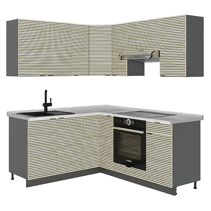 Vicco Eckküche Fame-Line Eiche Paneel/Anthrazit ohne Arbeitsplatte - B x T: 190 x 46 cm, Eiche Paneel, Ohne Elektrogeräte - Eckküche mit Holzlamellenfronten und dunkelgrauem Rahmen. Beinhaltet schwarze Spüle, Armatur, Kochfeld, Backofen und Hängeschränke.