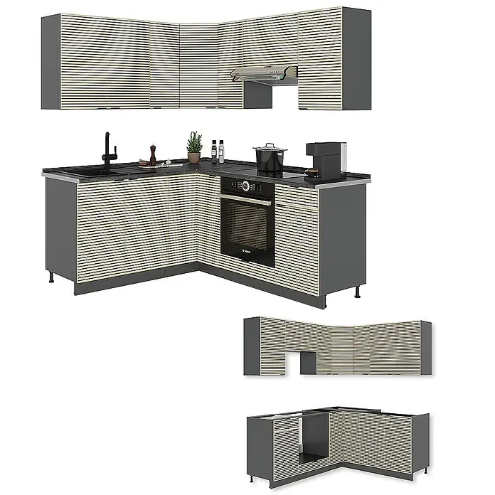 Vicco Eckküche Fame-Line Eiche Paneel/Anthrazit ohne Arbeitsplatte - B x T: 190 x 46 cm, Eiche Paneel, Ohne Elektrogeräte - L-förmige Küchenzeile mit dunkelgrauen Schränken und hellen Holzlamellenfronten, einschließlich Spüle, Backofen und Kochfeld.