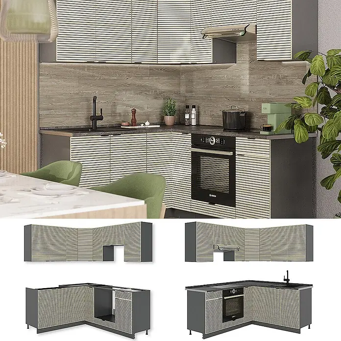 Vicco Eckküche Fame-Line Eiche Paneel/Anthrazit ohne Arbeitsplatte - B x T: 190 x 46 cm, Eiche Paneel, Ohne Elektrogeräte - L-förmige Küche mit hellen Lamellenfronten in Holzoptik und dunkelgrauem Rahmen, inkl. integriertem Backofen und Spüle.