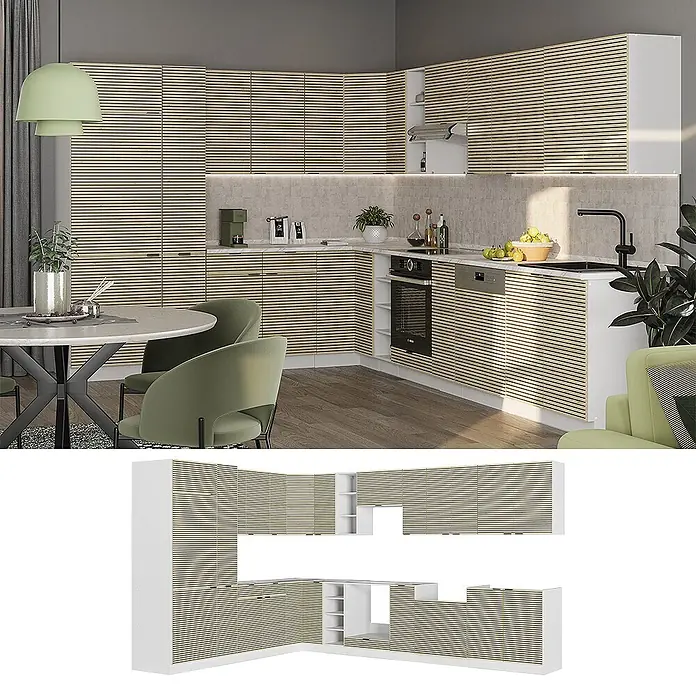 Vicco Eckküche Fame-Line Eiche Paneel/Weiß, AP Anthrazit - B x T: 347 x 60 cm, Eiche Paneel, Ohne Elektrogeräte - Moderne L-förmige Küchenschränke mit hellen Holzlamellentüren und weißen Rahmen, in einer Küche installiert.