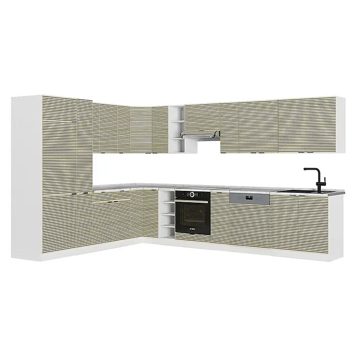 Vicco Eckküche Fame-Line Eiche Paneel/Weiß, AP Marmor - B x T: 347 x 60 cm, Eiche Paneel, Ohne Elektrogeräte - L-förmige Küche mit weißen Rahmen und hellen Holzlamellenfronten, integriertem Backofen, Geschirrspüler, Spüle und Dunstabzugshaube.