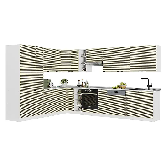 Vicco Eckküche Fame-Line Eiche Paneel/Weiß, AP Anthrazit - B x T: 347 x 60 cm, Eiche Paneel, Ohne Elektrogeräte - L-förmige Küche mit weißen Schränken und horizontalen Lamellenfronten aus hellem Holz, mit integriertem Backofen, Geschirrspüler und Spüle.