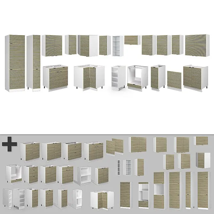 Vicco Eckküche Fame-Line Eiche Paneel/Weiß, AP Anthrazit - B x T: 347 x 60 cm, Eiche Paneel, Ohne Elektrogeräte - Weiße Küchenschrankmodule mit hellen Holzfronten, darunter Unter-, Ober-, Hoch- und Eckschränke für verschiedene Küchenlösungen.