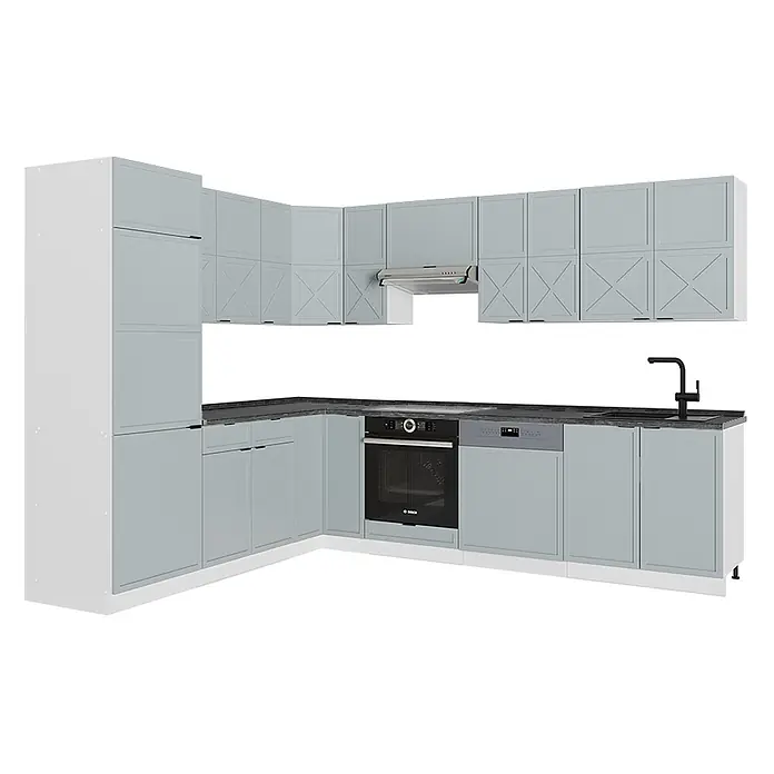 Vicco Eckküche Fame-Line Hellblau-grau/Weiß, AP Anthrazit - B x T: 287 x 60 cm, Hellblau-grau, Ohne Elektrogeräte - L-förmige Küchenzeile mit hellblau-grauen Schränken, dunkler Arbeitsplatte, Ofen, Spülmaschine und Spüle.