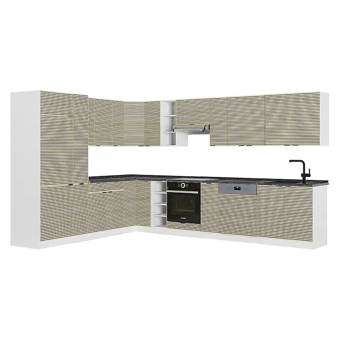 Vicco Eckküche Fame-Line Eiche Paneel/Weiß, AP Anthrazit - B x T: 347 x 60 cm, Eiche Paneel, Ohne Elektrogeräte - L-förmige moderne Küche mit hellen Holzlamellenschränken, weißen Rahmen, schwarzer Arbeitsplatte, Ofen, Geschirrspüler und Spüle.