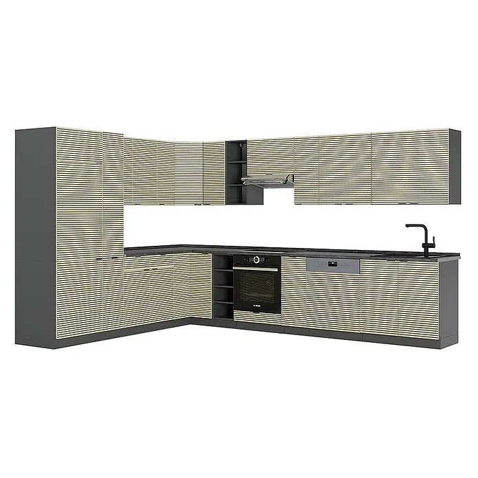 Vicco Eckküche Fame-Line Eiche Paneel/Anthrazit ohne Arbeitsplatte - B x T: 347 x 46 cm, Eiche Paneel, Ohne Elektrogeräte - Moderne L-förmige Küche mit hellen Holzlamellenfronten und dunkelgrauen Schränken, inklusive Backofen, Geschirrspüler, Spüle und Dunstabzugshaube.