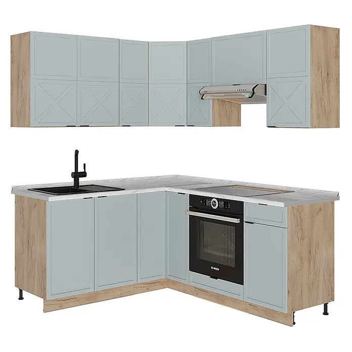 Vicco Eckküche Fame-Line Hellblau-grau/Goldkraft Eiche, AP Marmor - B x T: 190 x 60 cm, Hellblau-grau, Ohne Elektrogeräte - L-förmige Küche mit hellblauen und Holzschränken, weißer Arbeitsplatte, schwarzer Spüle, Ofen, Kochfeld.