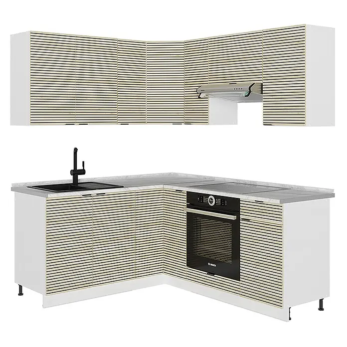 Vicco Eckküche Fame-Line Eiche Paneel/Weiß ohne Arbeitsplatte - B x T: 190 x 46 cm, Eiche Paneel, Ohne Elektrogeräte - Moderne L-förmige Küchenzeile mit weißen Korpen, hellen Holzlamellenfronten, Marmorarbeitsplatte, schwarzer Spüle, Ofen und Kochfeld.