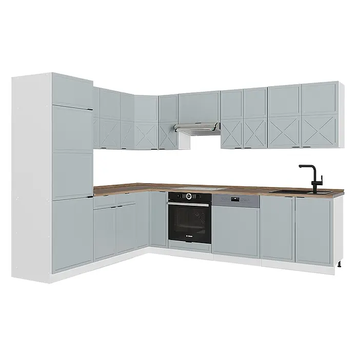 Vicco Eckküche Fame-Line Hellblau-grau/Weiß, AP Eiche - B x T: 287 x 60 cm, Hellblau-grau, Ohne Elektrogeräte - L-förmige Küche mit hellblaugrauen Schränken, Holzplatte, Backofen, Geschirrspüler, Spüle und Hochschrank. Oberschränke mit X-Muster.