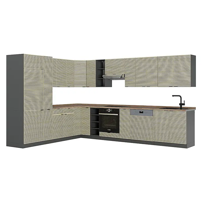 Vicco Eckküche Fame-Line Eiche Paneel/Anthrazit, AP Eiche - B x T: 347 x 60 cm, Eiche Paneel, Ohne Elektrogeräte - Moderne L-förmige Küche mit hellen Holzlamellenfronten, dunkelgrauen Schränken, Holzplatte und integrierten Geräten.