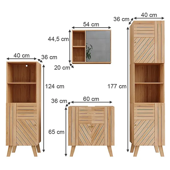 Vicco Badmöbel-Set Lucie, Bambus 60 cm -  - Badezimmermöbel-Set aus Bambus: Hochschrank, Unterschrank, Waschtisch und Spiegelschrank mit Maßen.