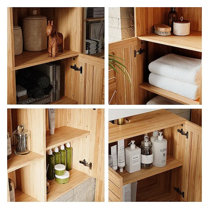 Vicco Badmöbel-Set Lucie, Bambus 60 cm -  - Bambus-Badezimmerschrank mit mehreren Fächern und Türen, gefüllt mit Handtüchern und Pflegeprodukten.